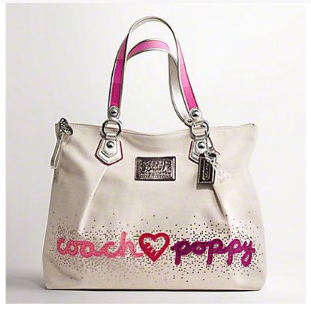 Coach Poppy Tote Handbag Shoulder Purse Tan Pink Embellishments